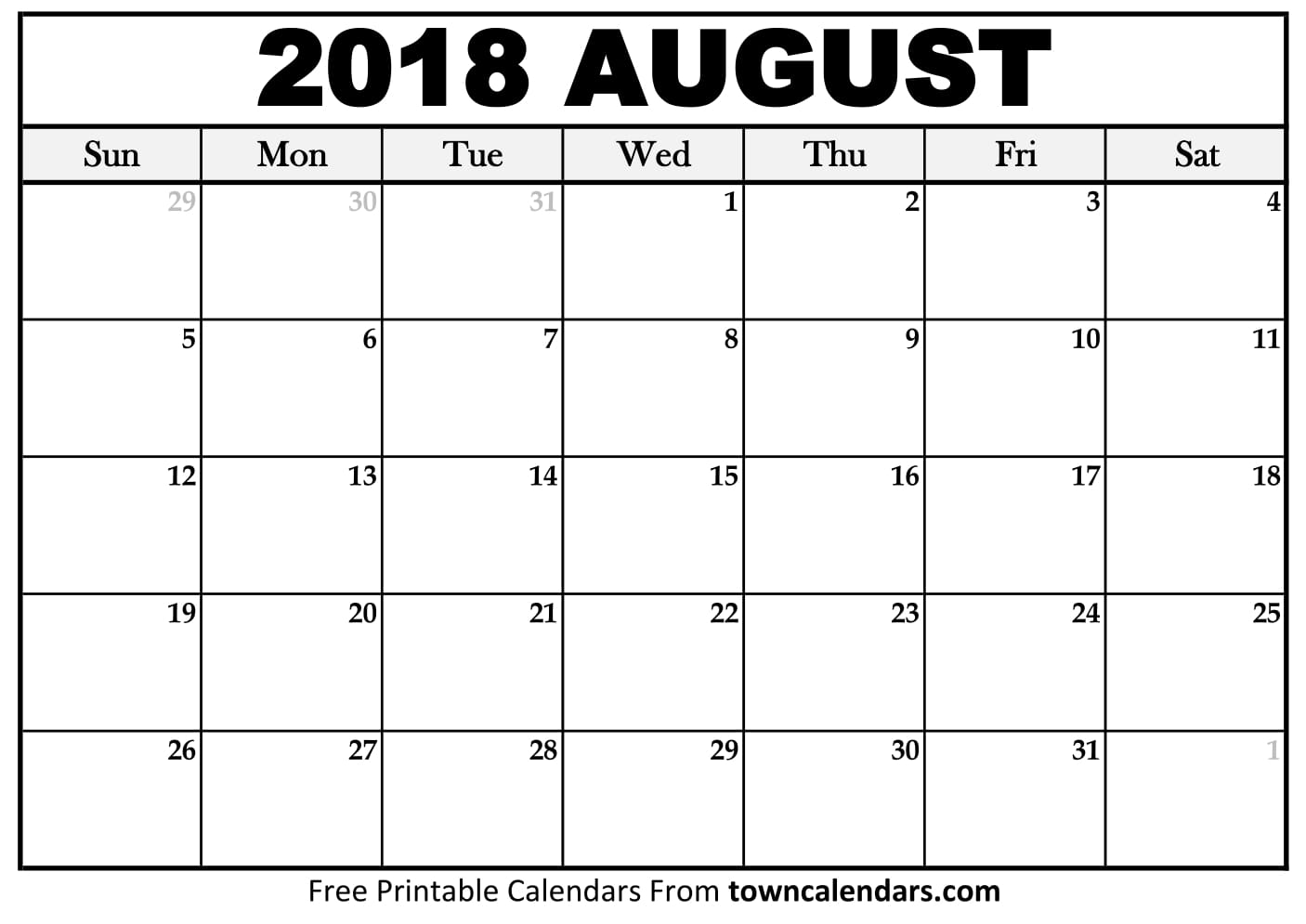 Printable August 2018 Calendar - towncalendars.com