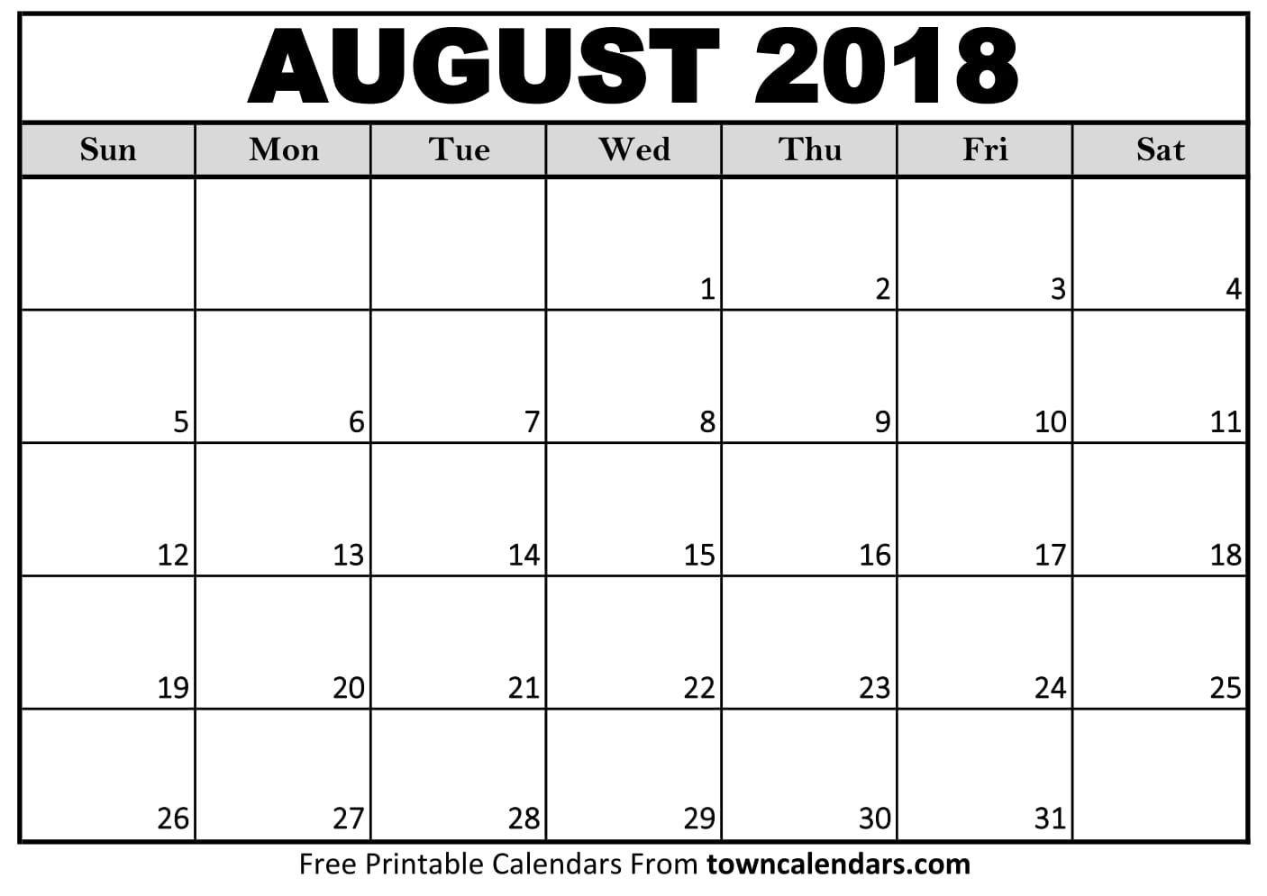 Printable August 2018 Calendar Towncalendars