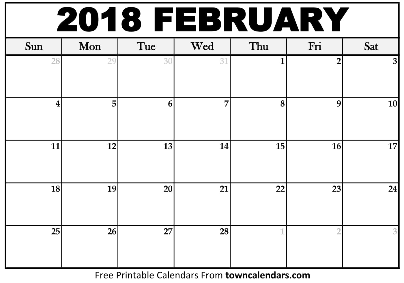 Printable February 2018 Calendar towncalendars com