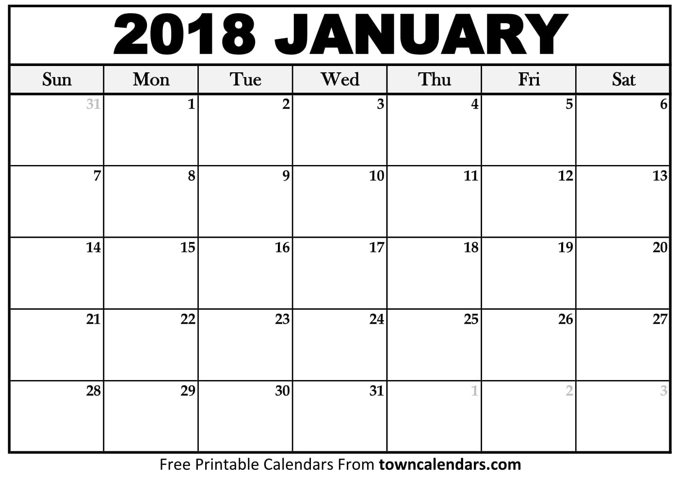 Printable January 2018 Calendar