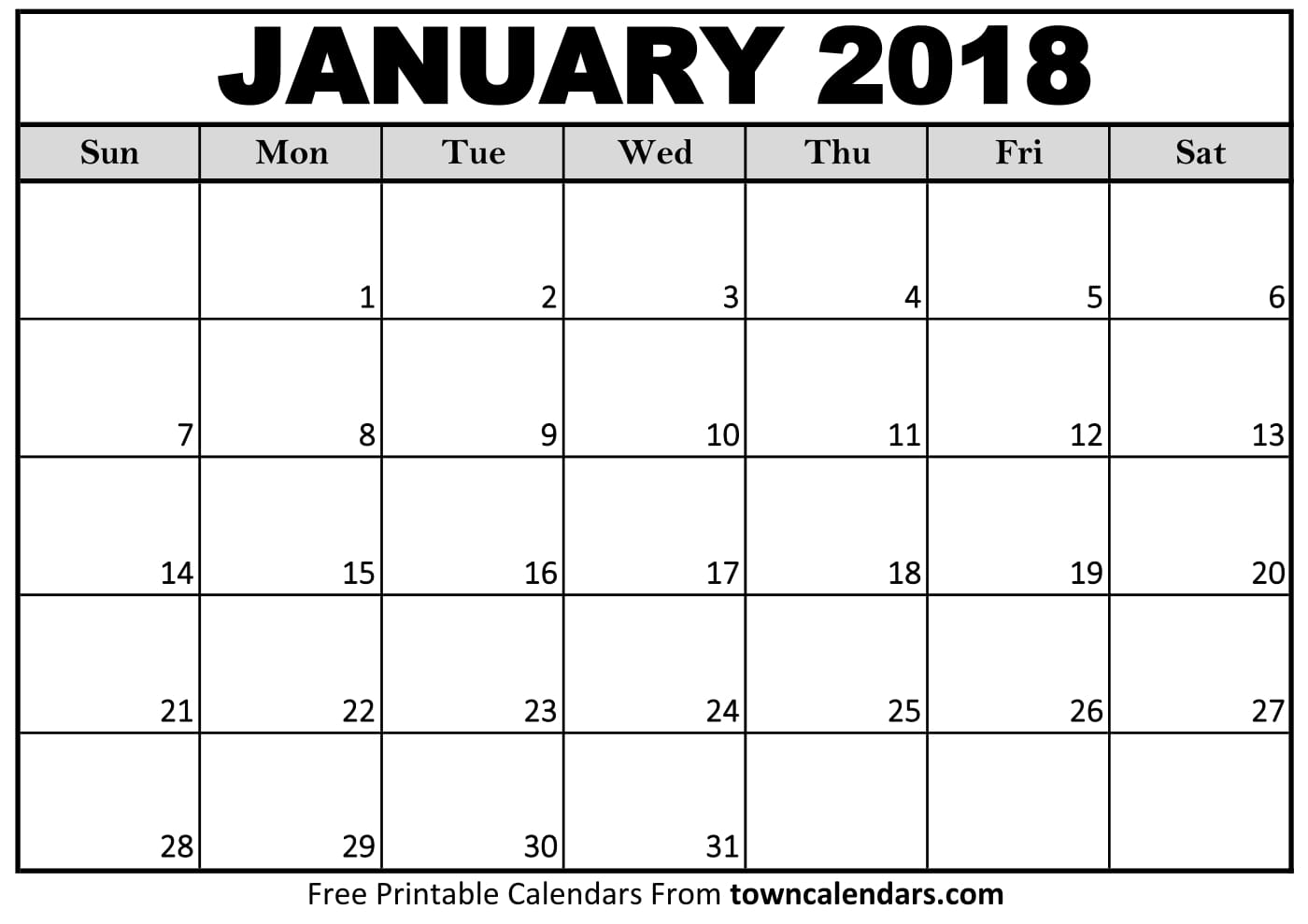 Printable January 2018 Calendar - towncalendars.com