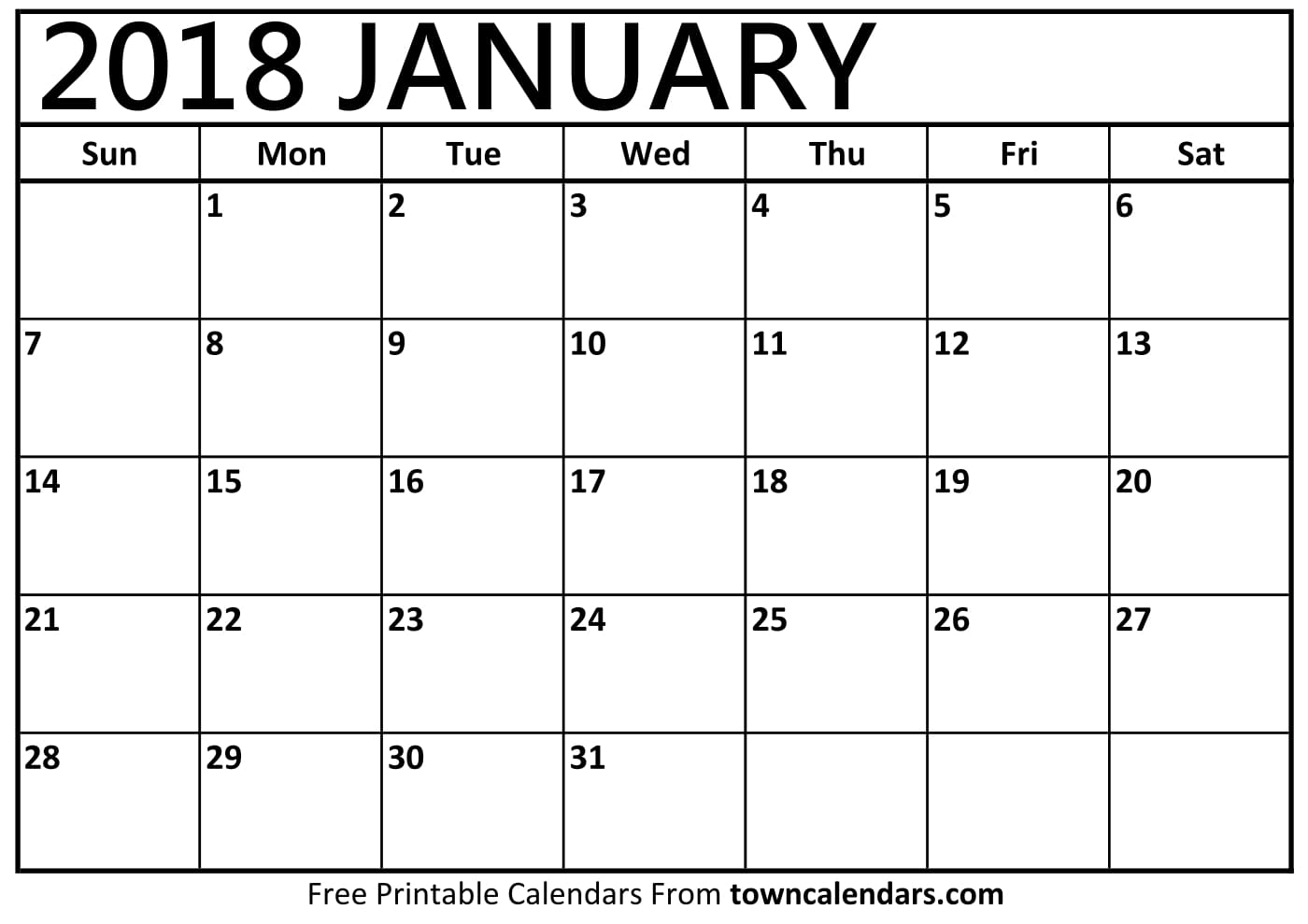 Printable January 2018 Calendar towncalendars com