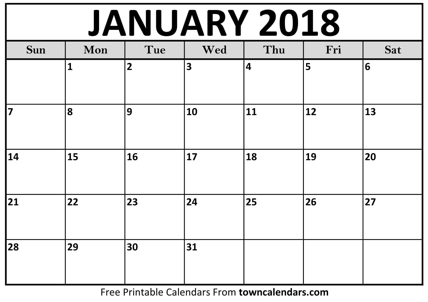 Printable January 2018 Calendar - towncalendars.com