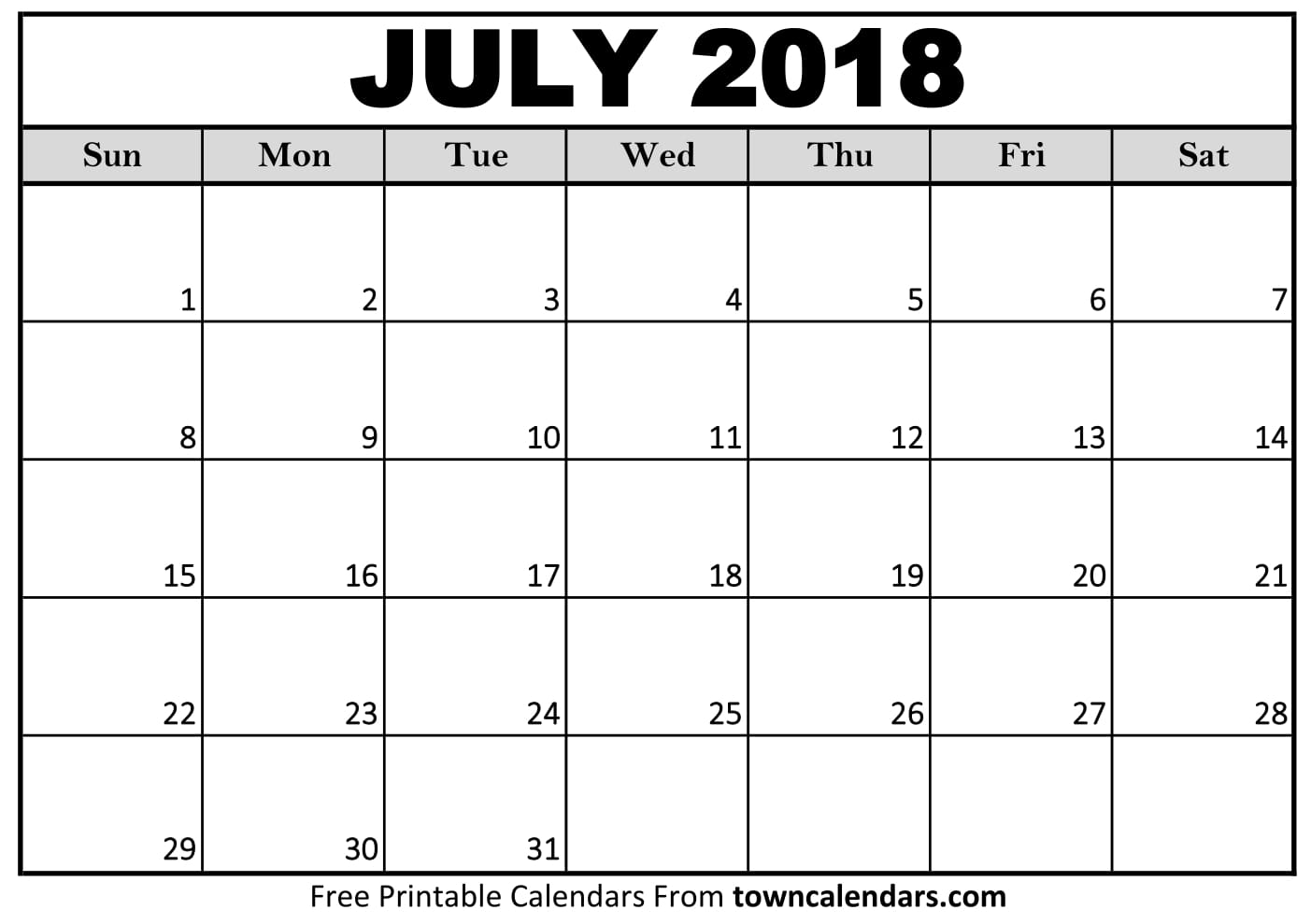 Printable Calendar 2018 July Template