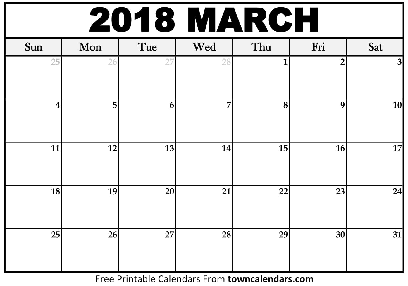 Printable March 2018 Calendar Towncalendars