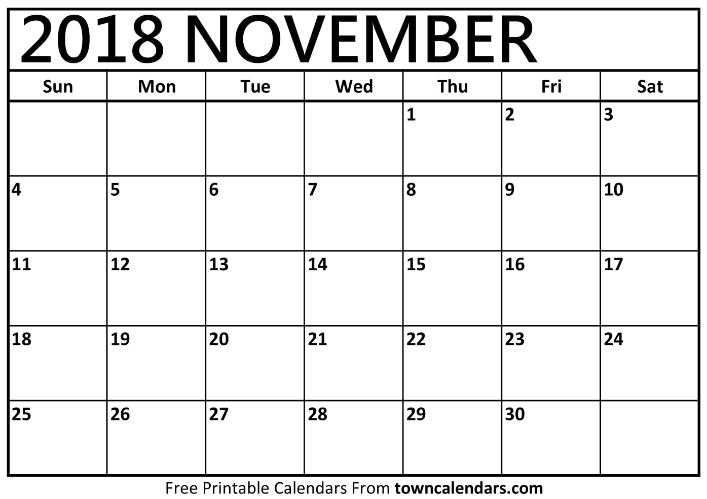 Printable November 2018 Calendar Towncalendars