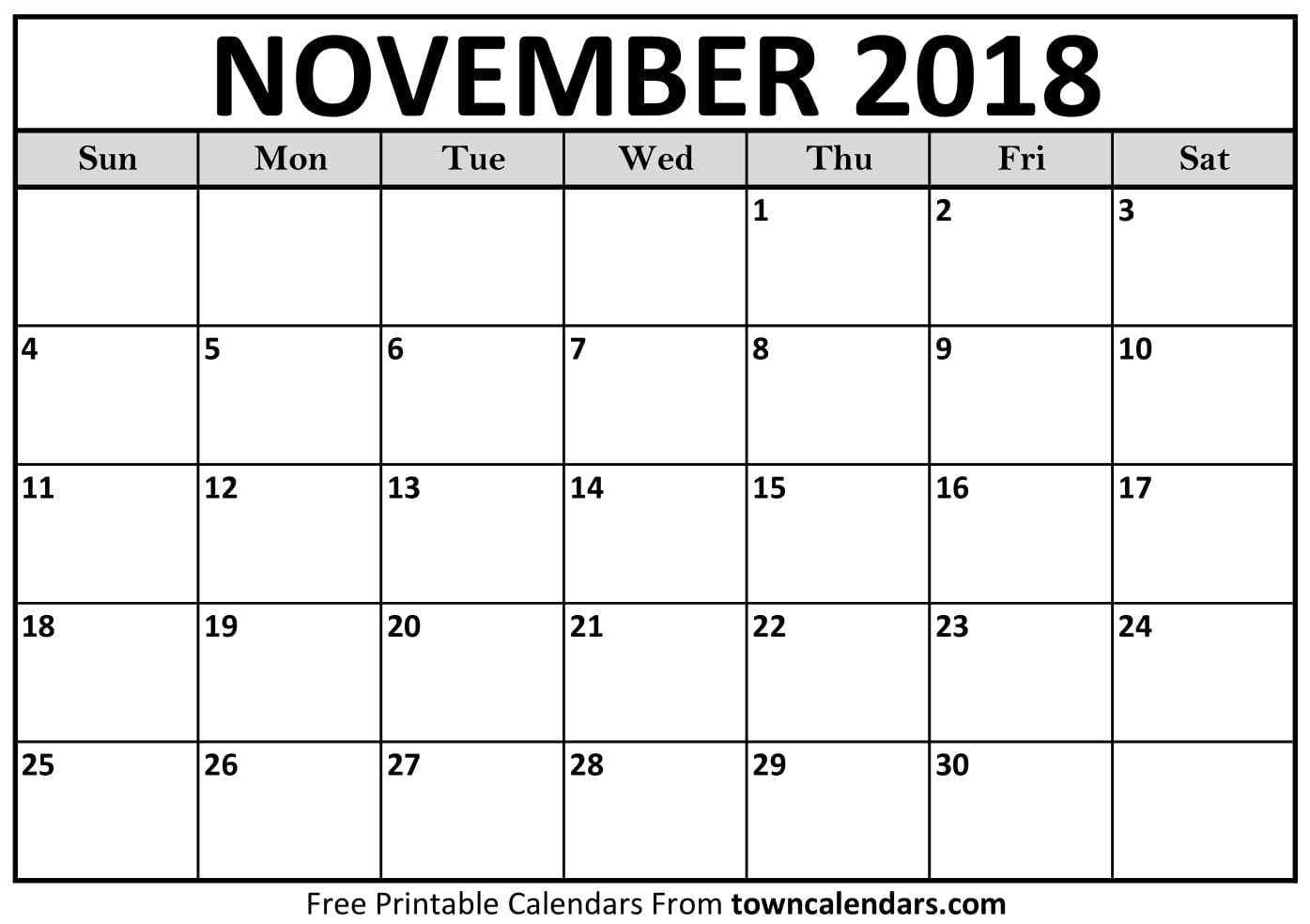 Free Printable November Month 2018 Calendar