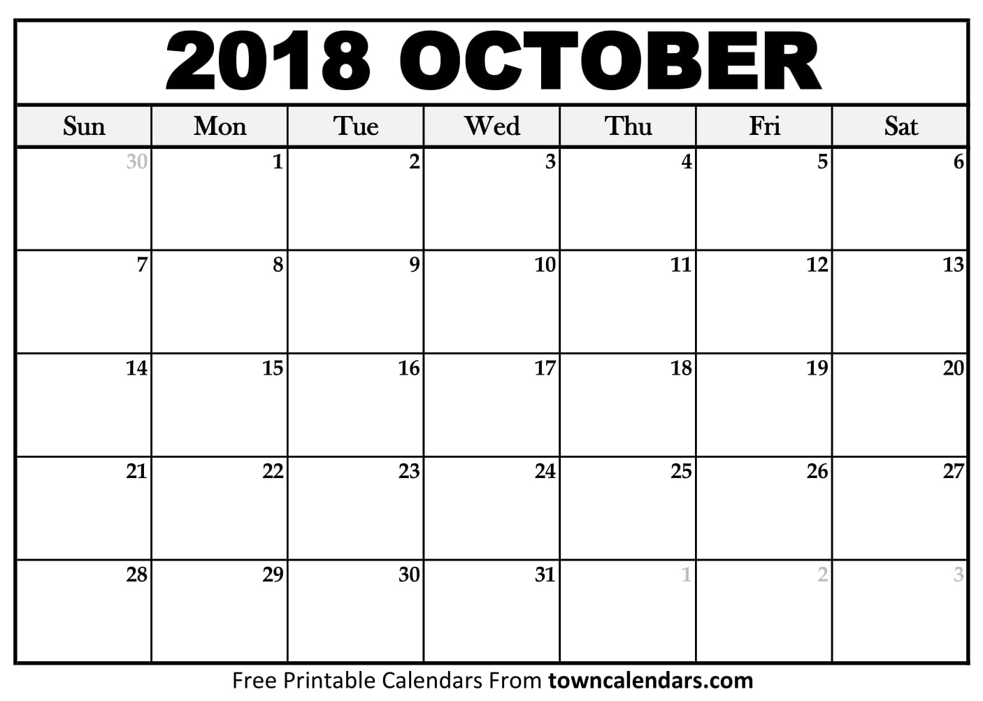 Printable October 2018 Calendar towncalendars com