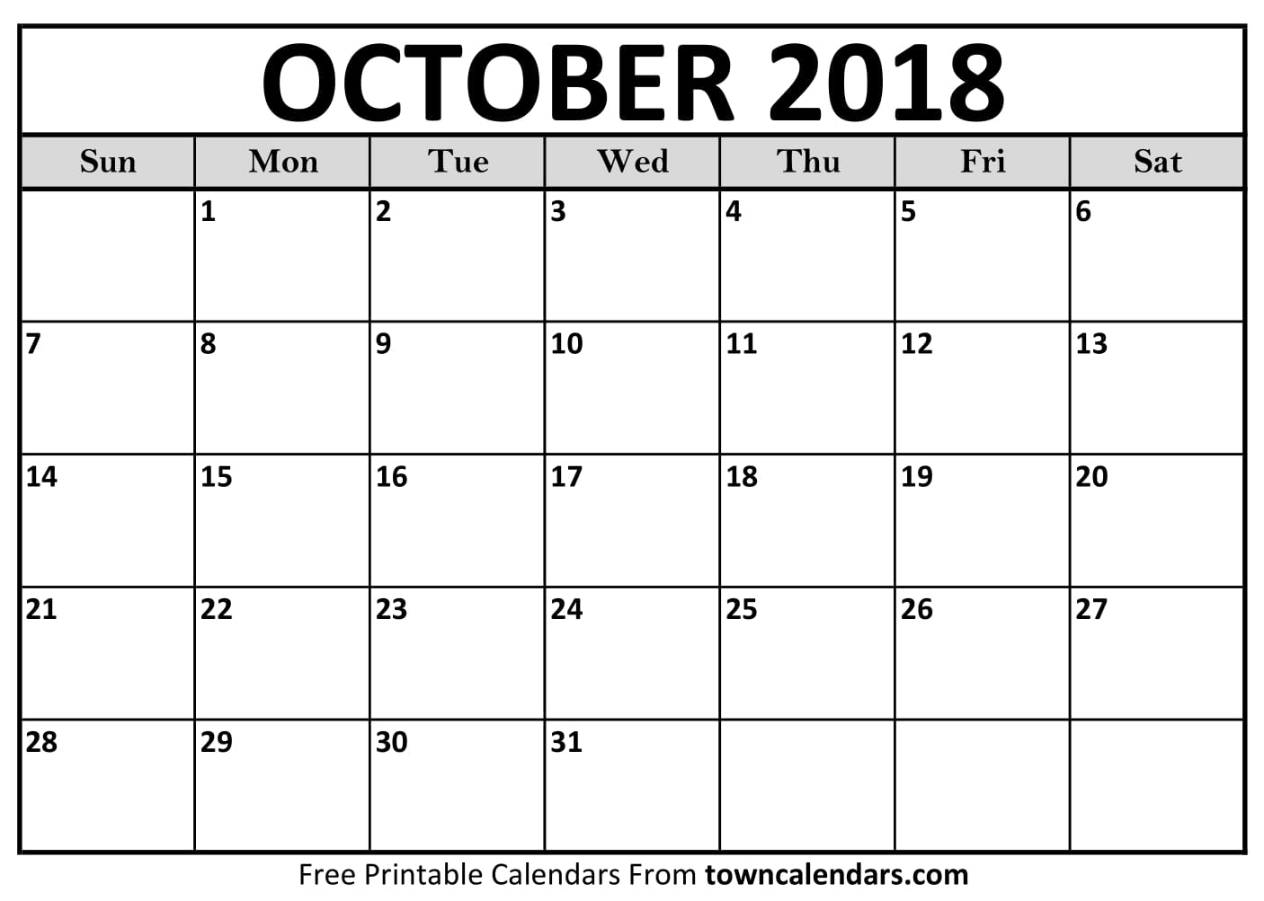 Printable October 2018 Calendar Towncalendars