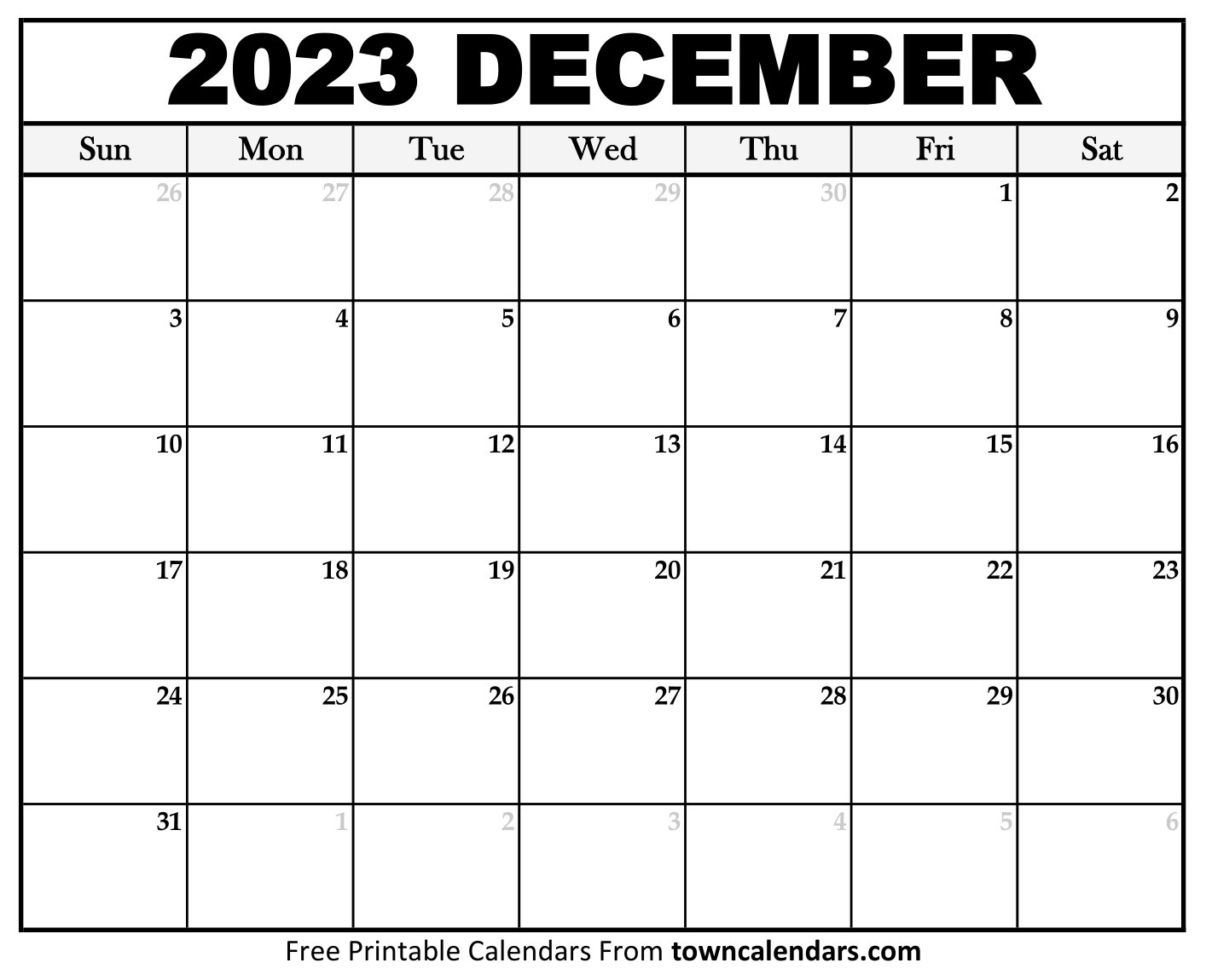 Printable December 2023 Calendar - towncalendars.com