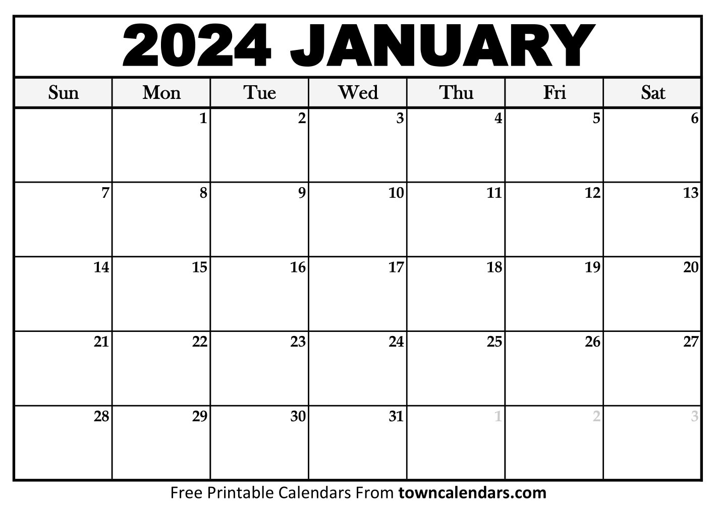 Printable January 2024 Calendar - Towncalendars.com