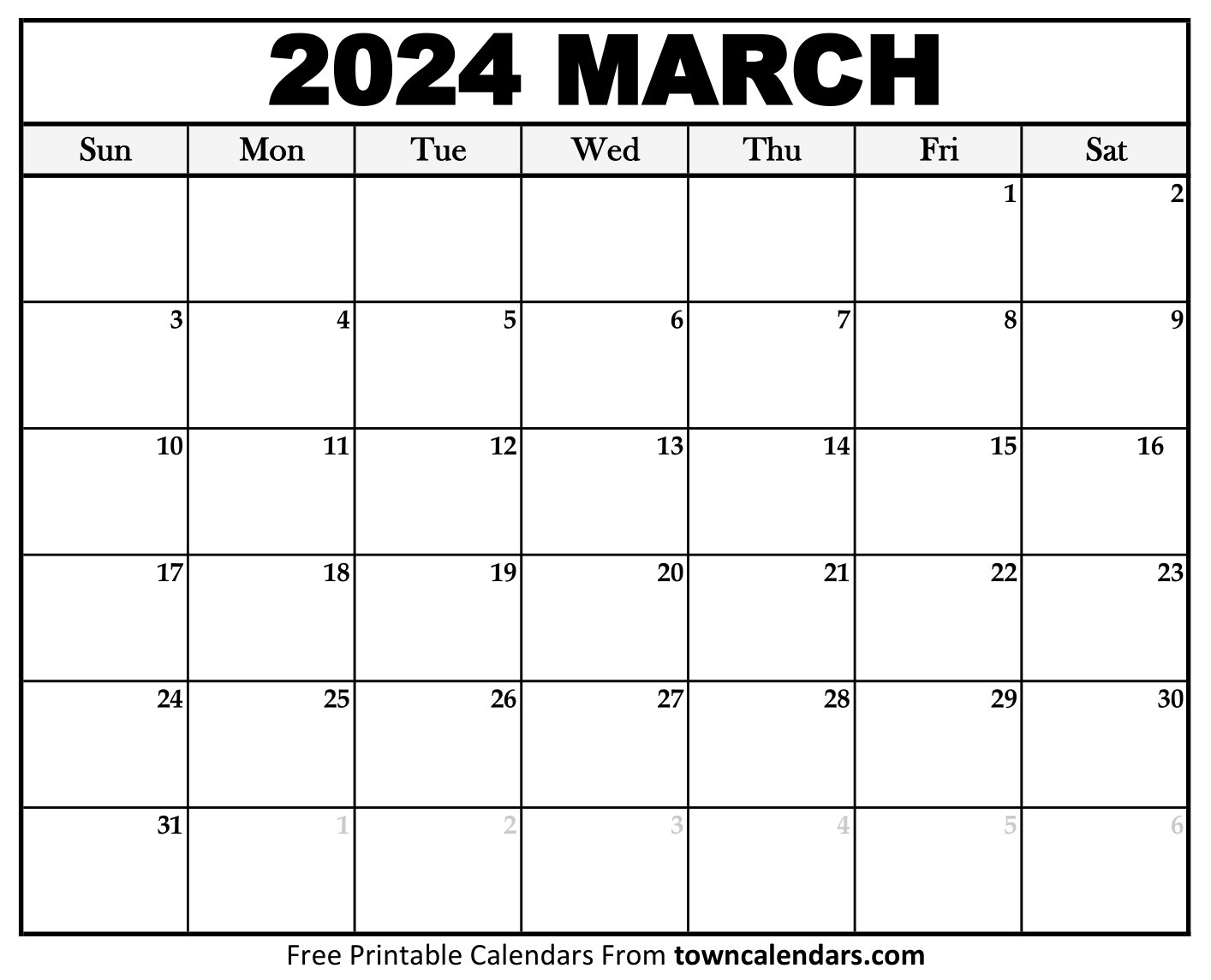 Printable March 2024 Calendar - Towncalendars.com